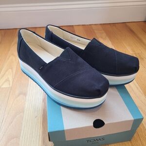 TOMS Women's Black Canvas Platform Shoes with Striped Sole